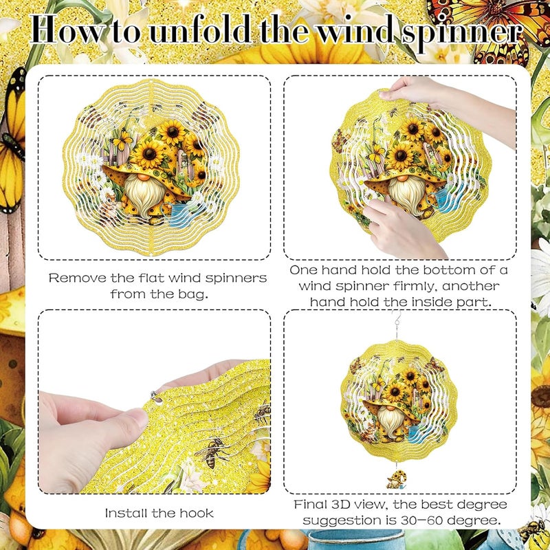 INCOK Gnomes Hanging Wind Spinner Outdoor - Gnome Gifts for Women, Stainless Steel Wind Sculpture Sunflower Art Ornaments with Card for Garden Balcony Patio Yard Lawn Decorations - Image 5